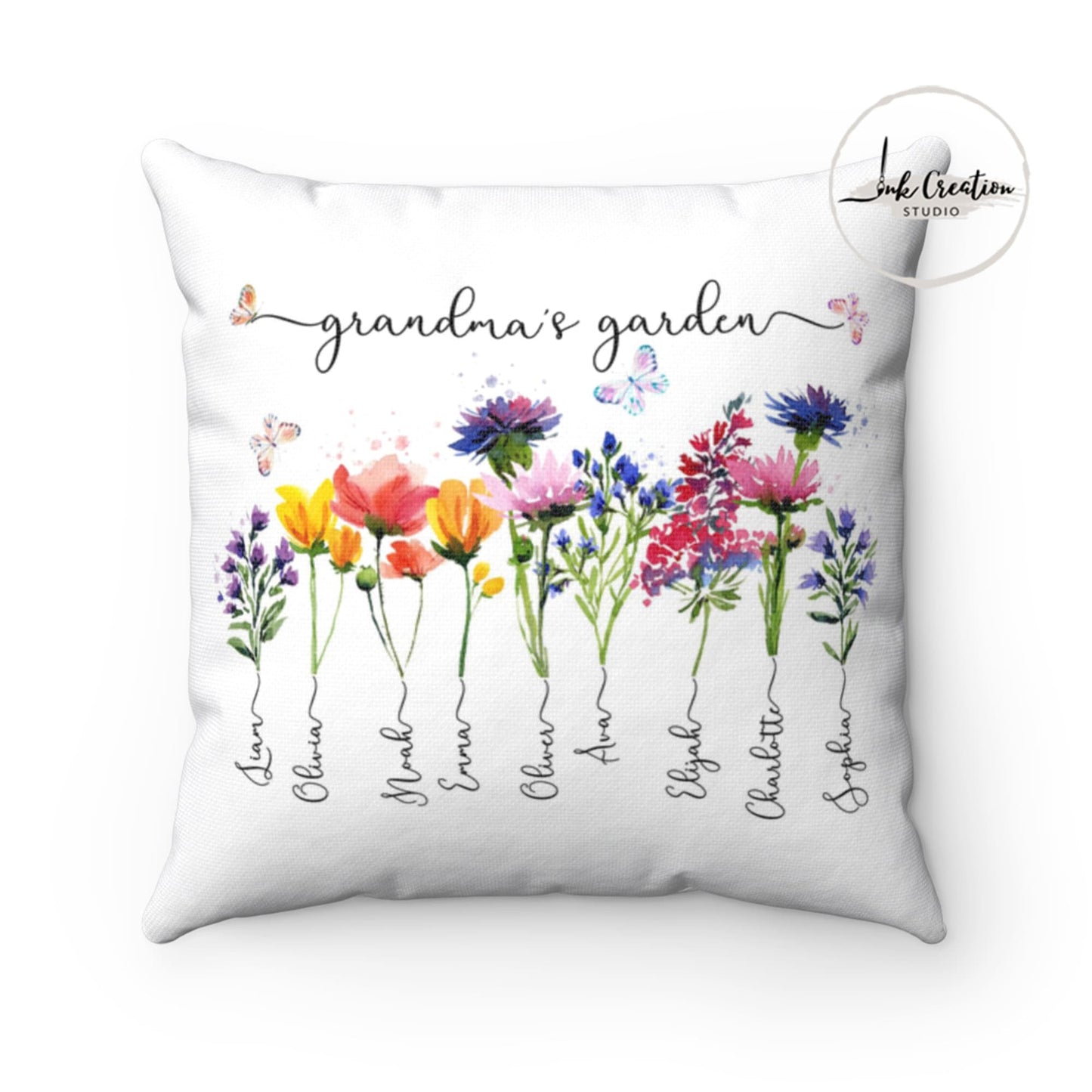 Grandma’s Garden Pillow – Personalized Birth Flowers with Grandkids’ Names | Custom Gift for Grandma