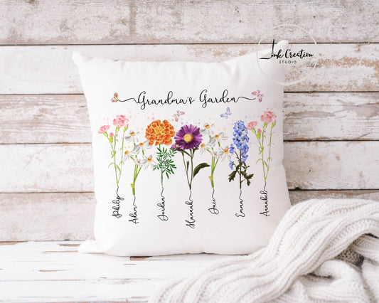 Grandma’s Garden Pillow – Personalized Birth Flowers with Grandkids’ Names | Custom Gift for Grandma