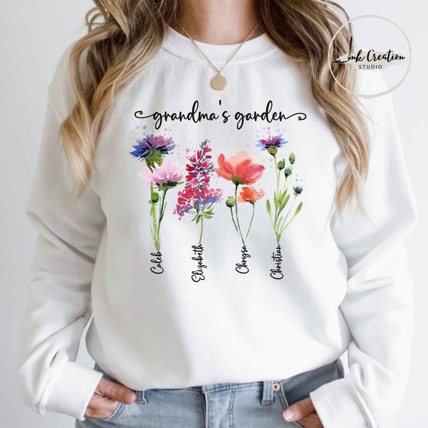 Grandma’s Garden Sweatshirt – Personalized Birth Flowers with Grandkids’ Names | Custom Gift for Grandma