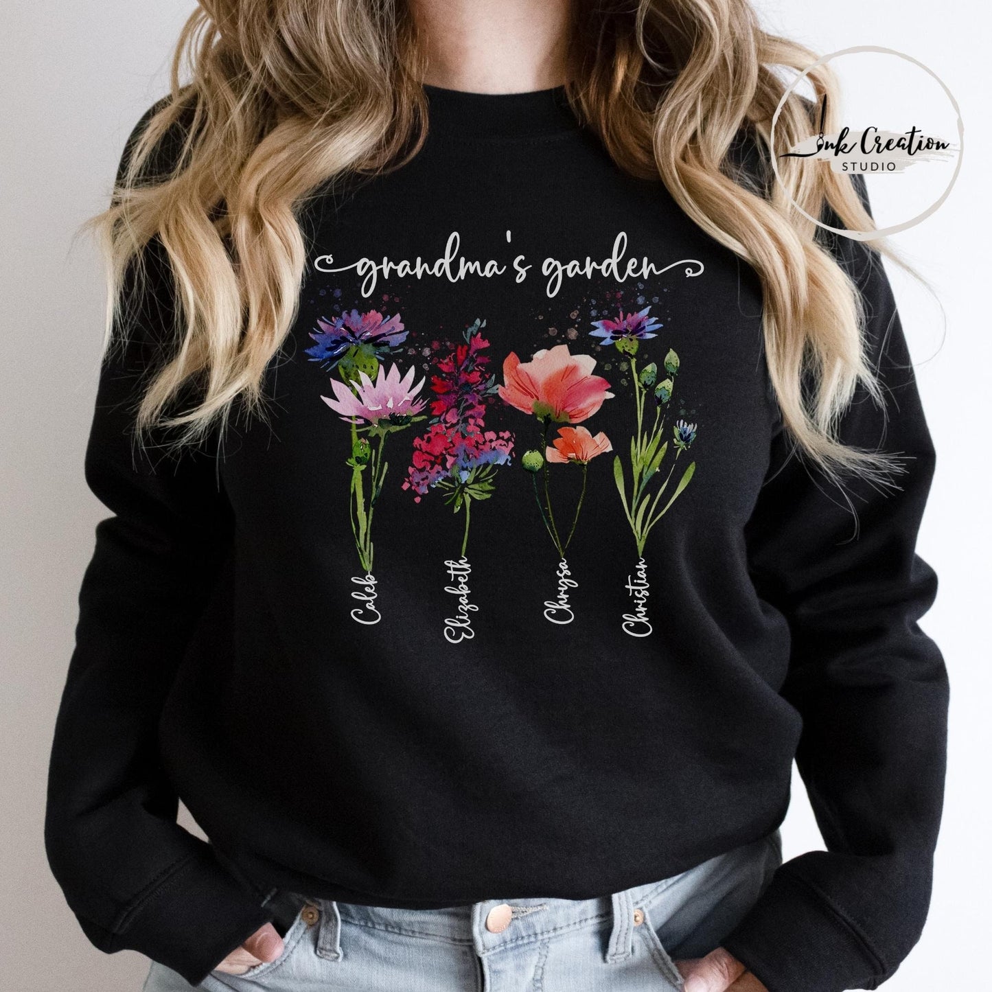 Grandma’s Garden Sweatshirt – Personalized Birth Flowers with Grandkids’ Names | Custom Gift for Grandma