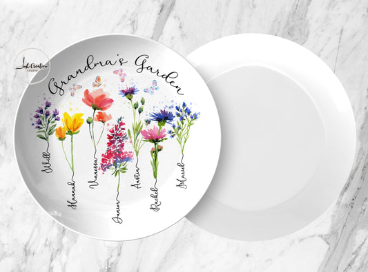 Grandma’s Garden Plate – Personalized Birth Flowers with Grandkids’ Names | Custom Gift for Grandma