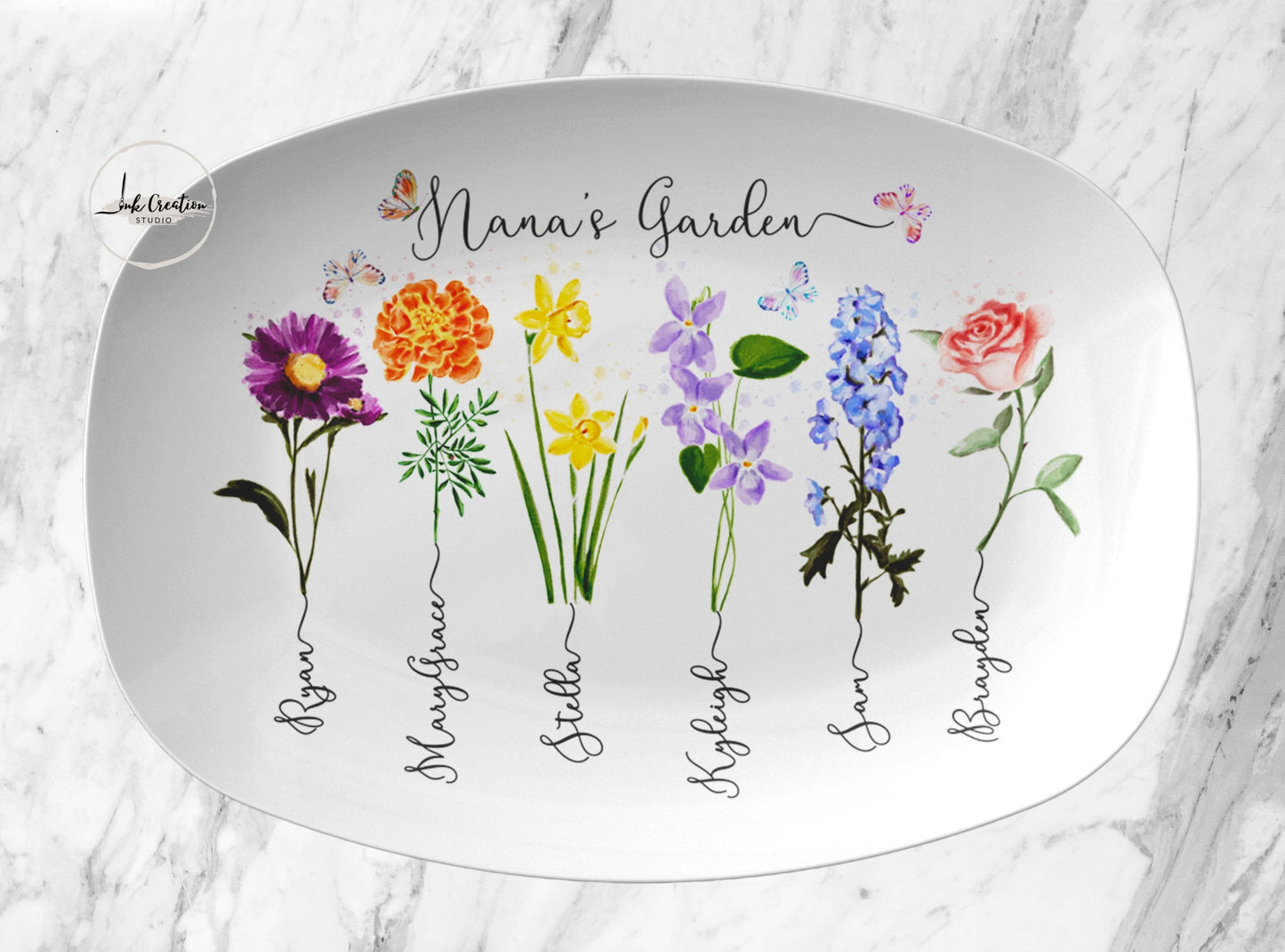 Grandma’s Garden Platter – Personalized Birth Flowers with Grandkids’ Names | Custom Gift for Grandma