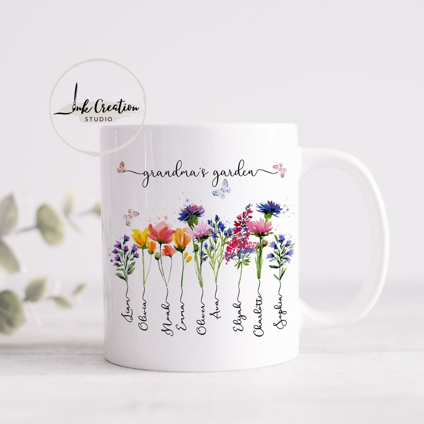 Grandma’s Garden Mug – Personalized Birth Flowers with Grandkids’ Names | Custom Gift for Grandma