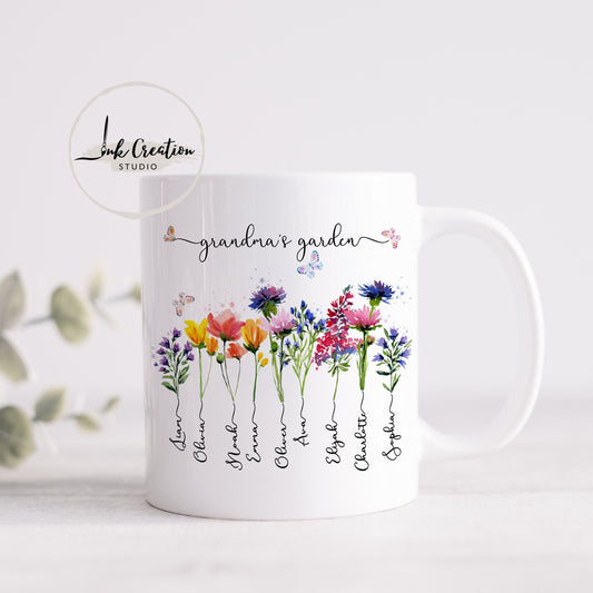 Grandma’s Garden Mug – Personalized Birth Flowers with Grandkids’ Names | Custom Gift for Grandma