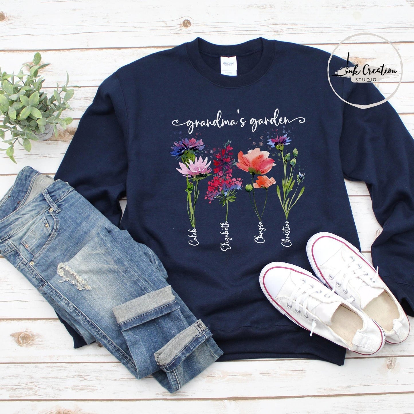Grandma’s Garden Sweatshirt – Personalized Birth Flowers with Grandkids’ Names | Custom Gift for Grandma