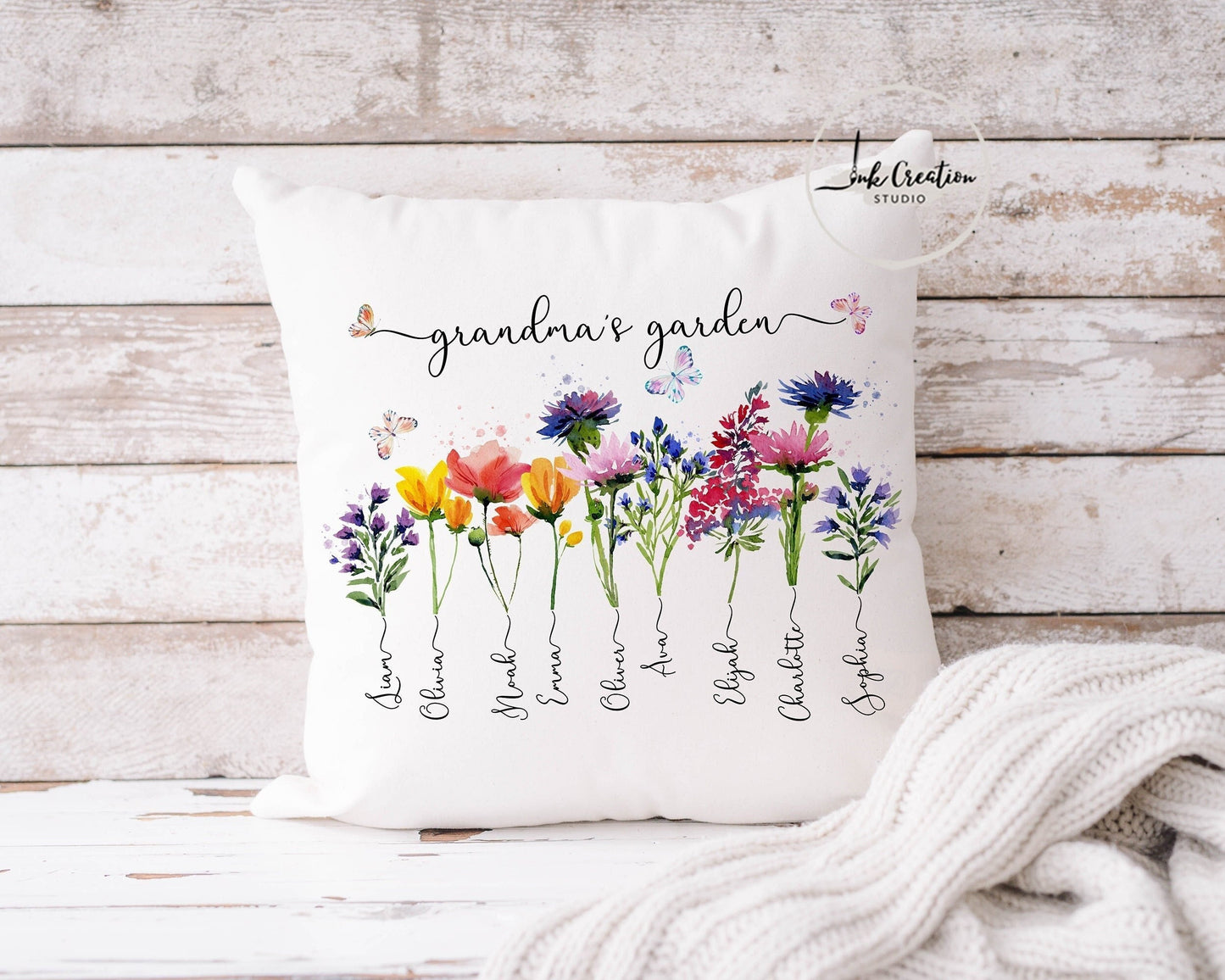 Grandma’s Garden Pillow – Personalized Birth Flowers with Grandkids’ Names | Custom Gift for Grandma