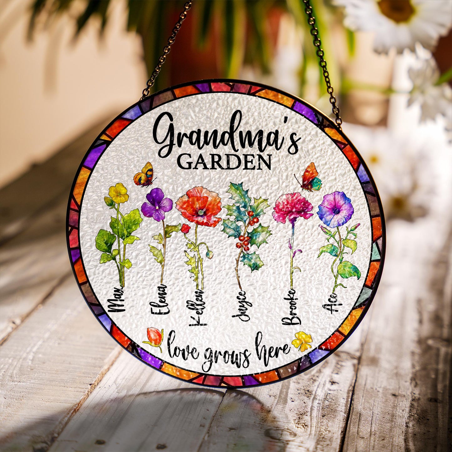 Grandma’s Garden Suncatcher – Personalized Birth Flowers with Grandkids’ Names | Custom Gift for Grandma