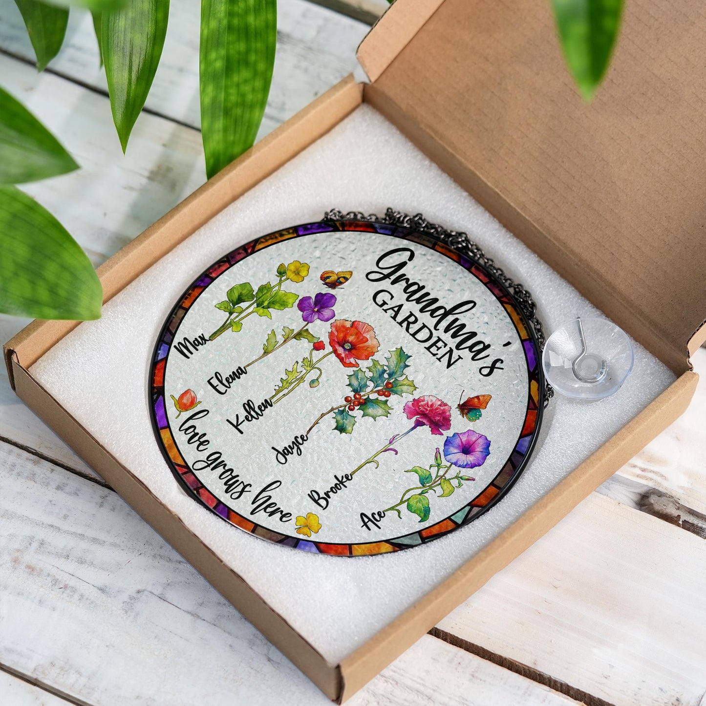 Grandma’s Garden Suncatcher – Personalized Birth Flowers with Grandkids’ Names | Custom Gift for Grandma