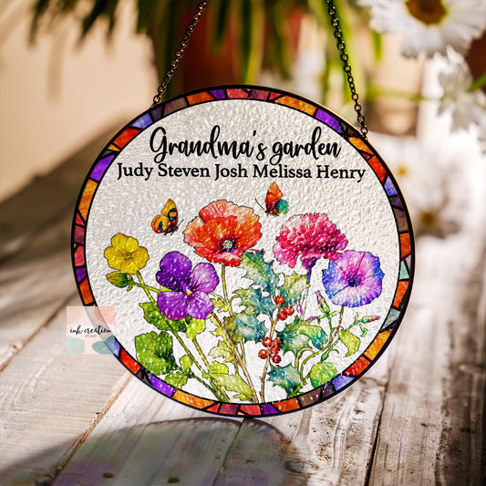 Grandma’s Garden Bouquet Suncatcher – Personalized Birth Flowers with Grandkids’ Names | Custom Gift for Grandma