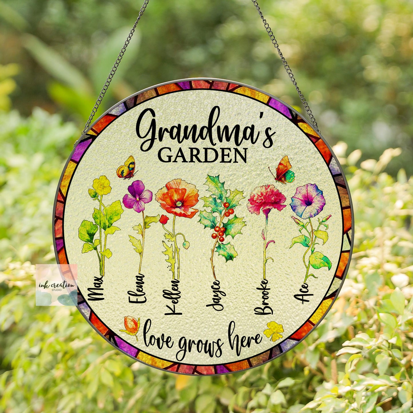Grandma’s Garden Suncatcher – Personalized Birth Flowers with Grandkids’ Names | Custom Gift for Grandma