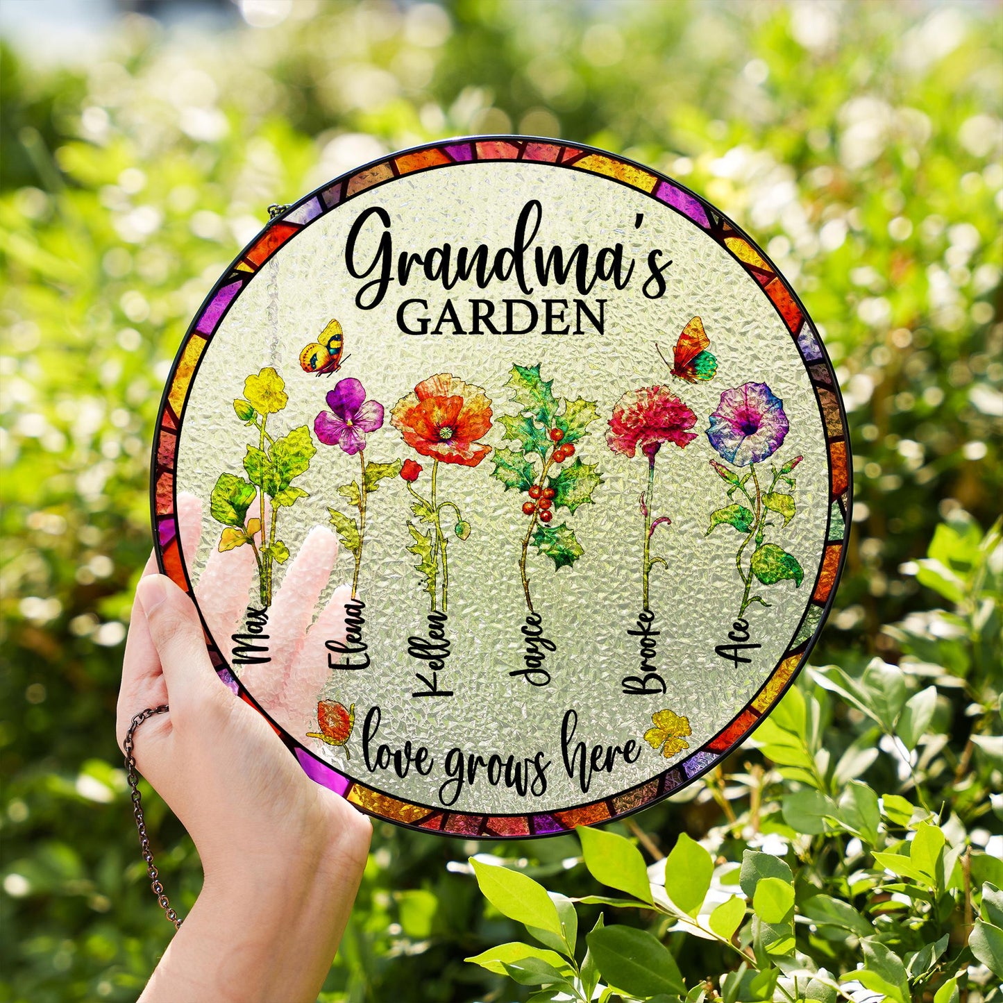 Grandma’s Garden Suncatcher – Personalized Birth Flowers with Grandkids’ Names | Custom Gift for Grandma