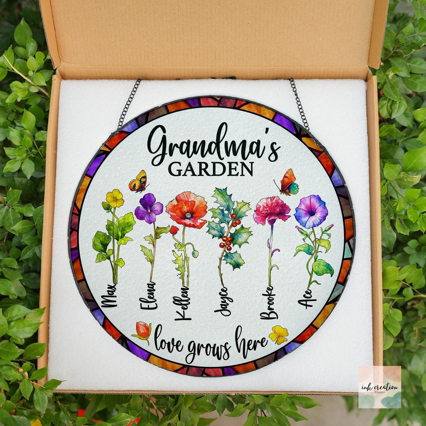 Grandma’s Garden Suncatcher – Personalized Birth Flowers with Grandkids’ Names | Custom Gift for Grandma