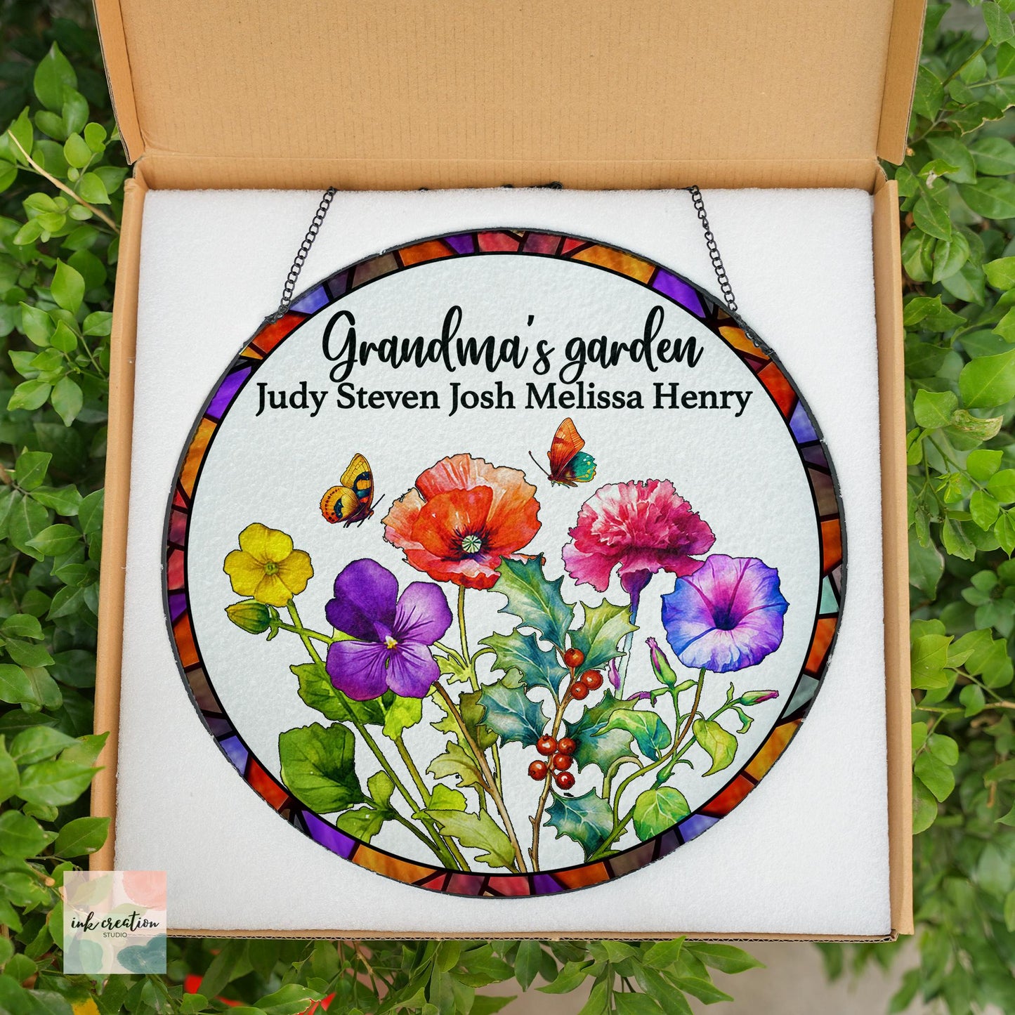 Grandma’s Garden Bouquet Suncatcher – Personalized Birth Flowers with Grandkids’ Names | Custom Gift for Grandma