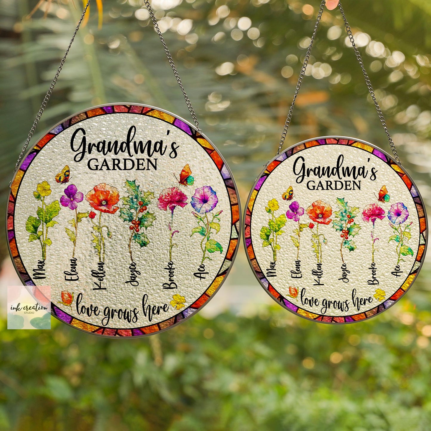 Grandma’s Garden Suncatcher – Personalized Birth Flowers with Grandkids’ Names | Custom Gift for Grandma