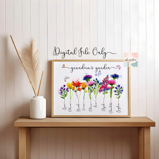 Personalized Grandma's Garden Digital Download - Custom Grandkids' Names with Matching Birth Flower Art