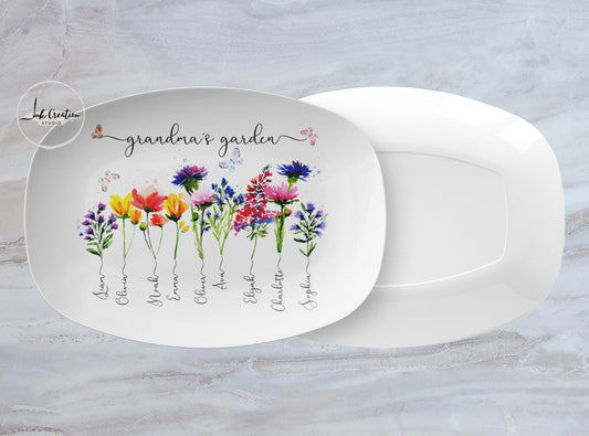 Grandma’s Garden Platter – Personalized Birth Flowers with Grandkids’ Names | Custom Gift for Grandma