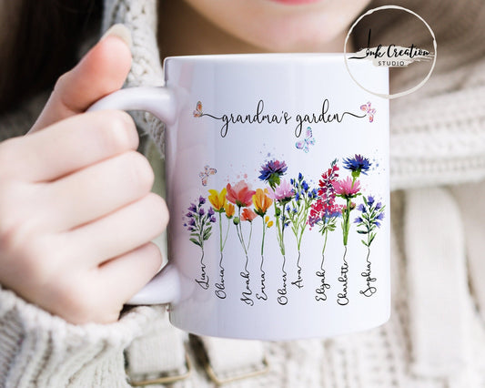 Grandma’s Garden Mug – Personalized Birth Flowers with Grandkids’ Names | Custom Gift for Grandma