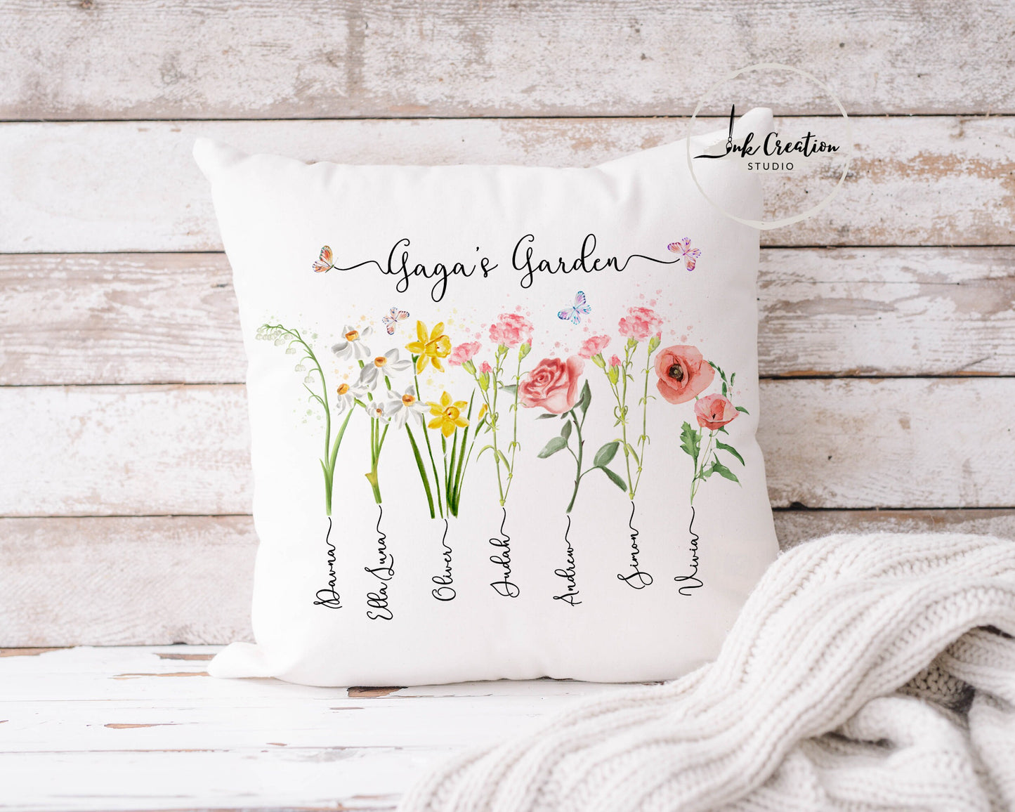 Grandma’s Garden Pillow – Personalized Birth Flowers with Grandkids’ Names | Custom Gift for Grandma