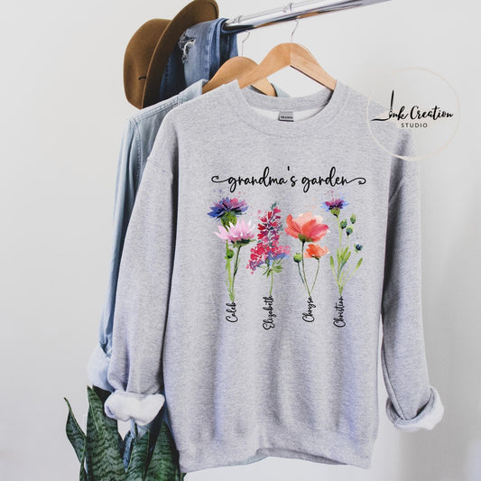 Grandma’s Garden Sweatshirt – Personalized Birth Flowers with Grandkids’ Names | Custom Gift for Grandma