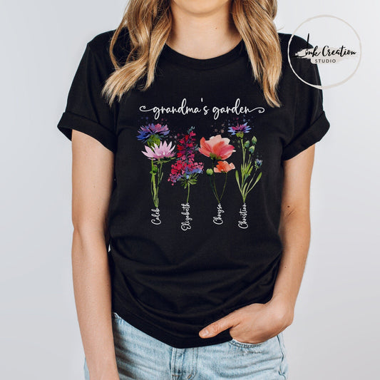 Grandma’s Garden Shirt – Personalized Birth Flowers with Grandkids’ Names | Custom Gift for Grandma