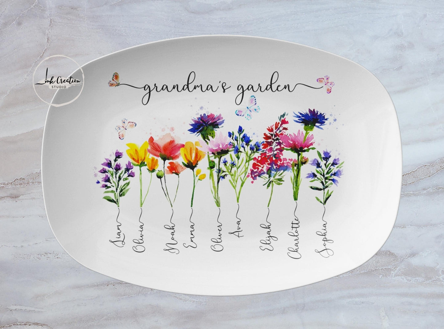 Grandma’s Garden Platter – Personalized Birth Flowers with Grandkids’ Names | Custom Gift for Grandma