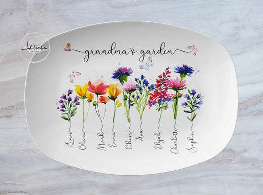 Grandma’s Garden Platter – Personalized Birth Flowers with Grandkids’ Names | Custom Gift for Grandma