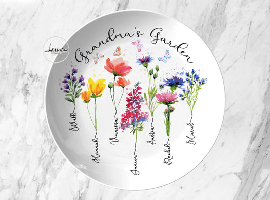 Grandma’s Garden Plate – Personalized Birth Flowers with Grandkids’ Names | Custom Gift for Grandma