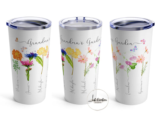 Grandma’s Garden Tumbler – Personalized Birth Flowers with Grandkids’ Names | Custom Gift for Grandma