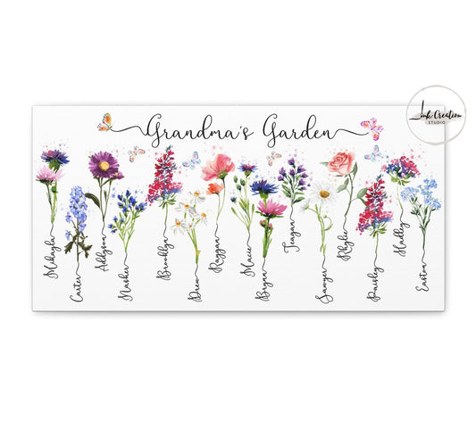 Grandma’s Garden Canvas – Personalized Birth Flowers with Grandkids’ Names | Custom Gift for Grandma