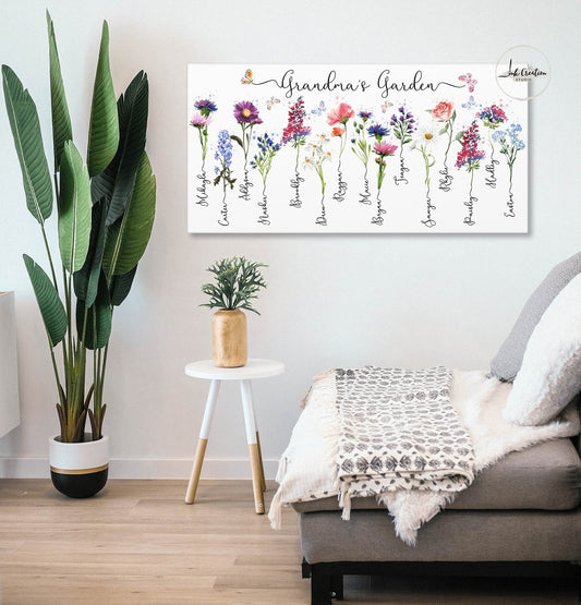 Grandma’s Garden Canvas – Personalized Birth Flowers with Grandkids’ Names | Custom Gift for Grandma