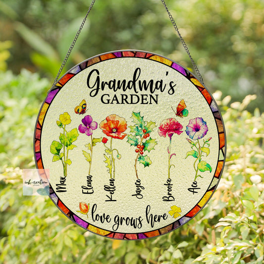 Grandma’s Garden Suncatcher – Personalized Birth Flowers with Grandkids’ Names | Custom Gift for Grandma