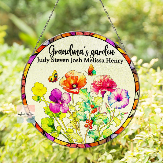 Grandma’s Garden Bouquet Suncatcher – Personalized Birth Flowers with Grandkids’ Names | Custom Gift for Grandma